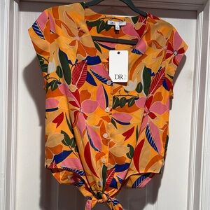DR2 Women's Orange Floral Tie-Front Blouse